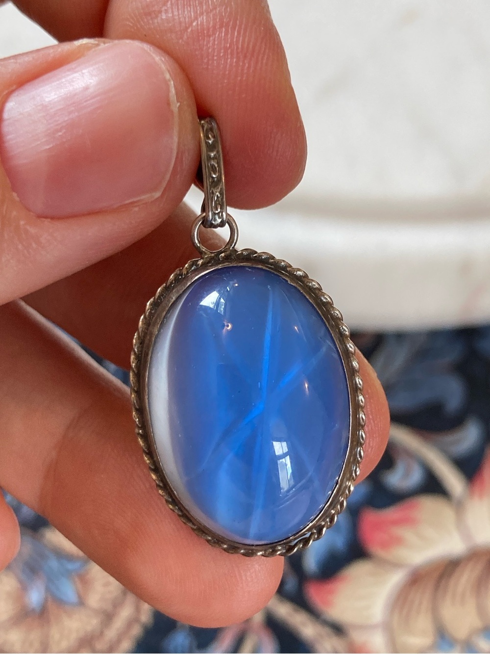 Antique 1930s Art Deco Star Sapphire Glass Bezel-Set Pendant Signed Sterling